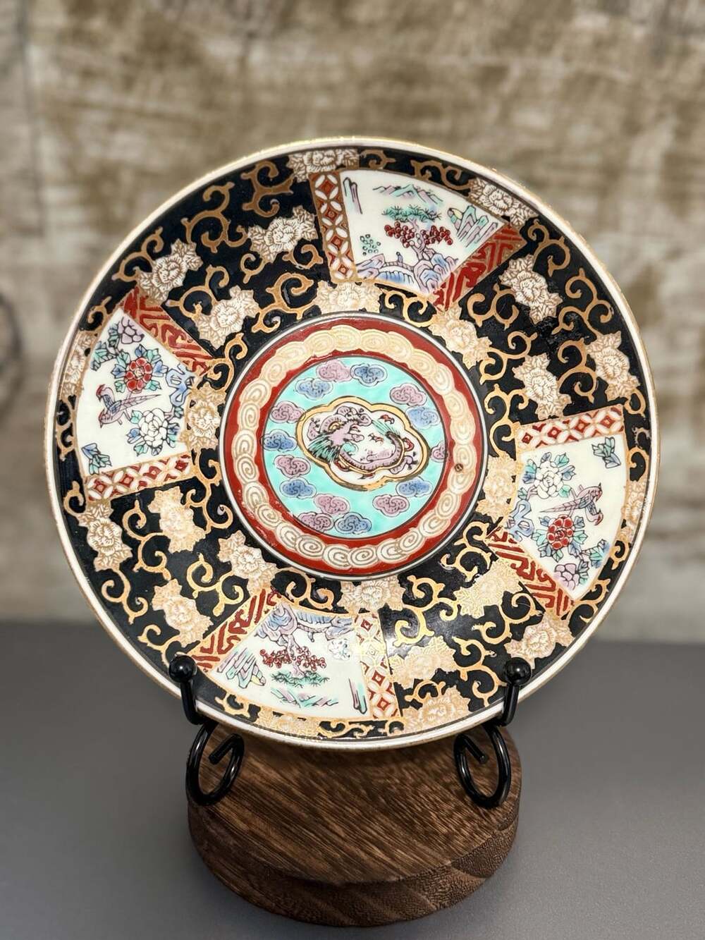 Gold Imari Decorative Plate Size 7.5 Black Gold Floral Japanese Porcelain